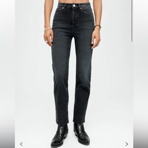 Re/Done button fly COMFORT STRETCH HIGH RISE STOVE PIPE in washed noir.